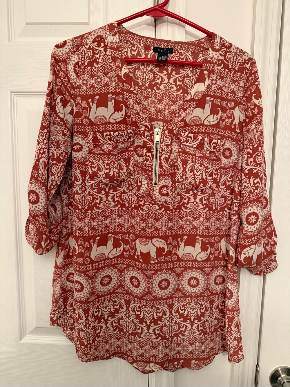 Rue21 Red and Cream Elephant Print Zip Tunic